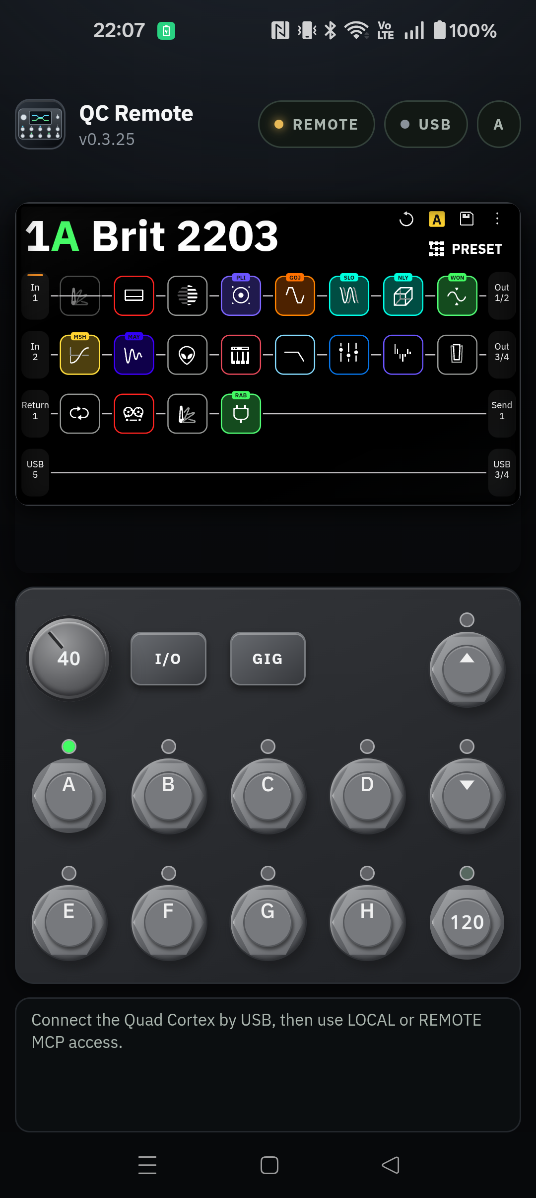 QC Remote Android app showing a connected rig and performance controls