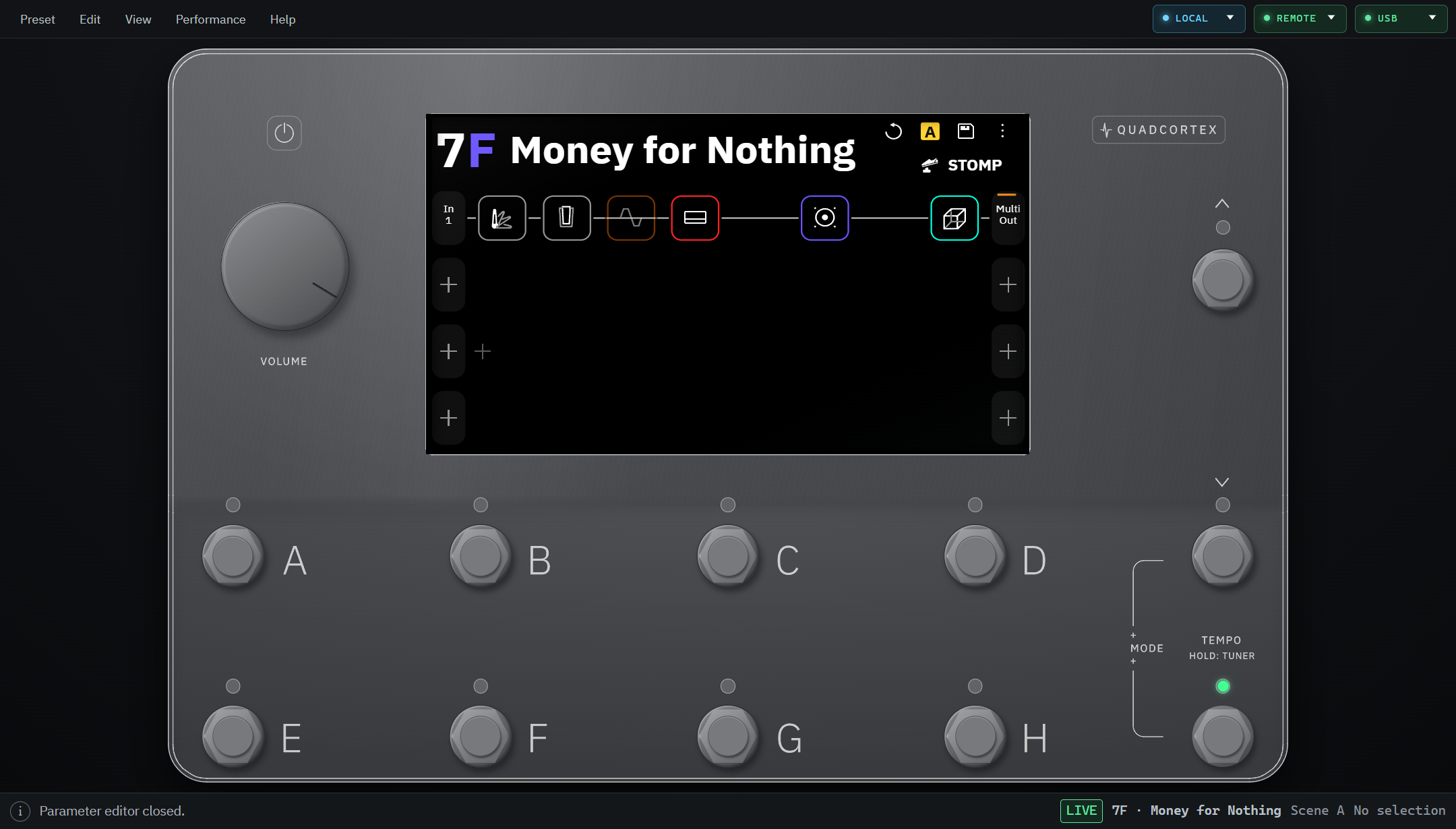 The actual QC Remote Windows application showing a connected rig