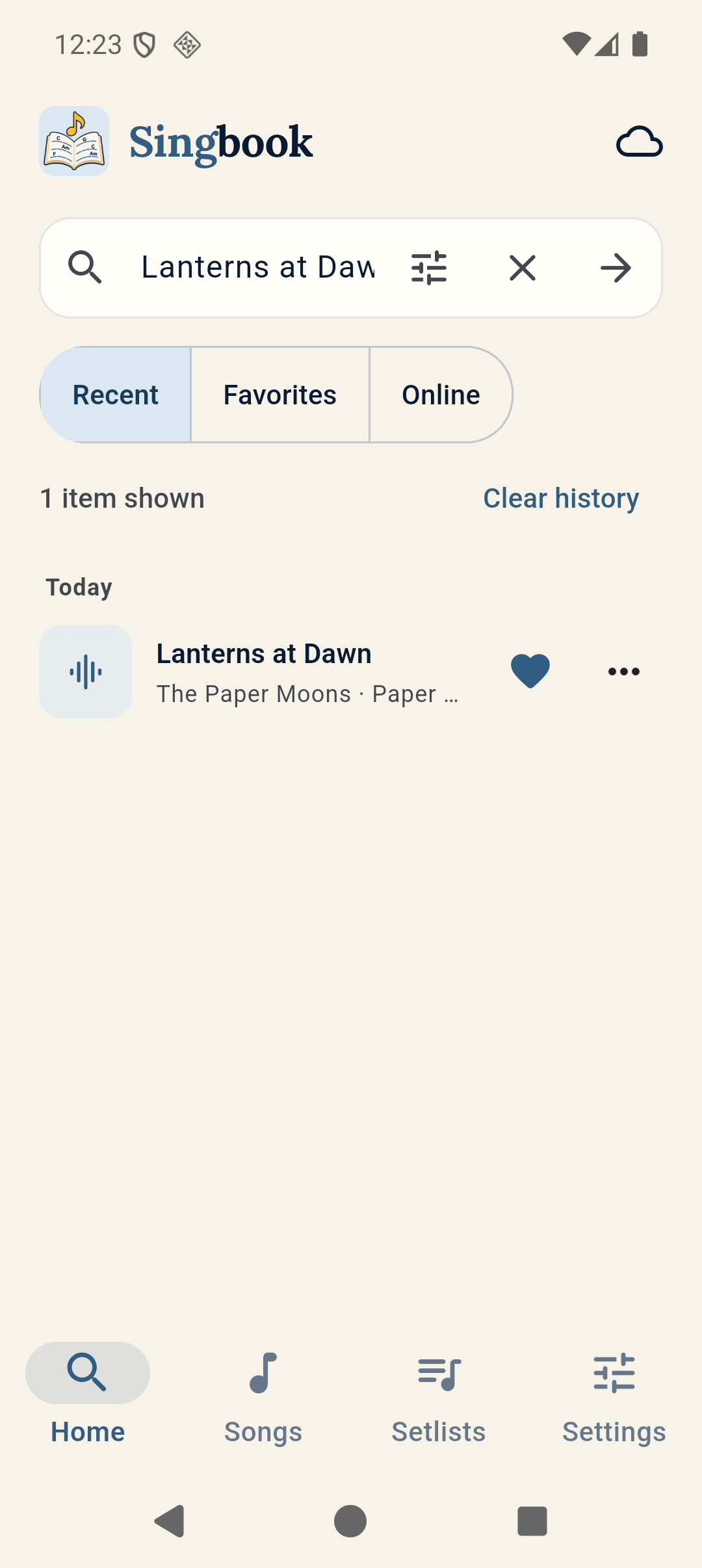 Singbook Android app showing a fictional sample song in the recent library