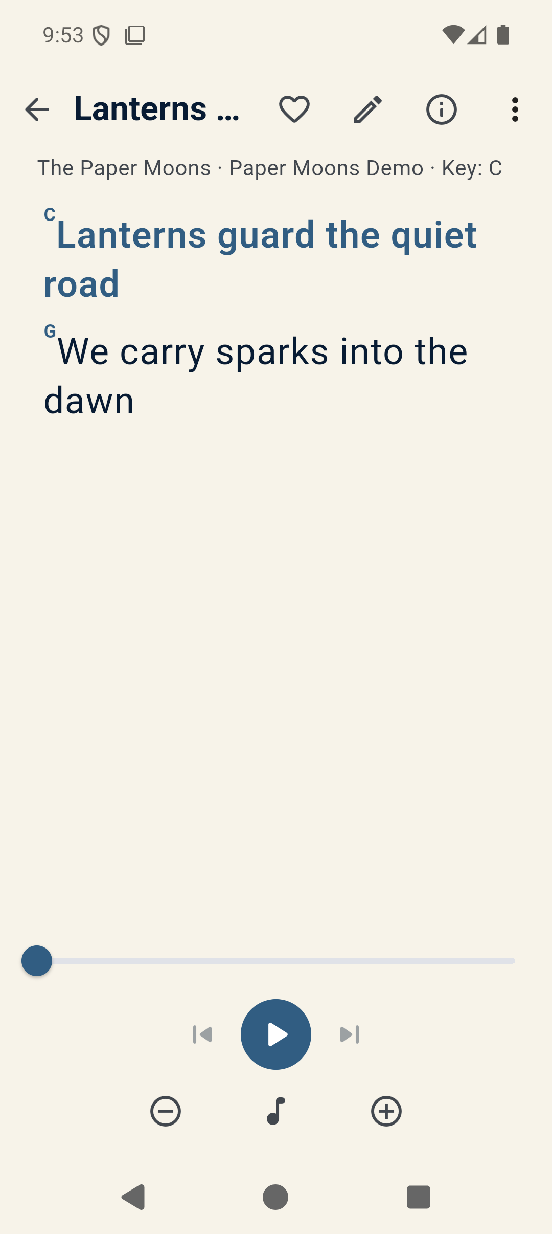 Singbook Android reader showing chords over a fictional sample song