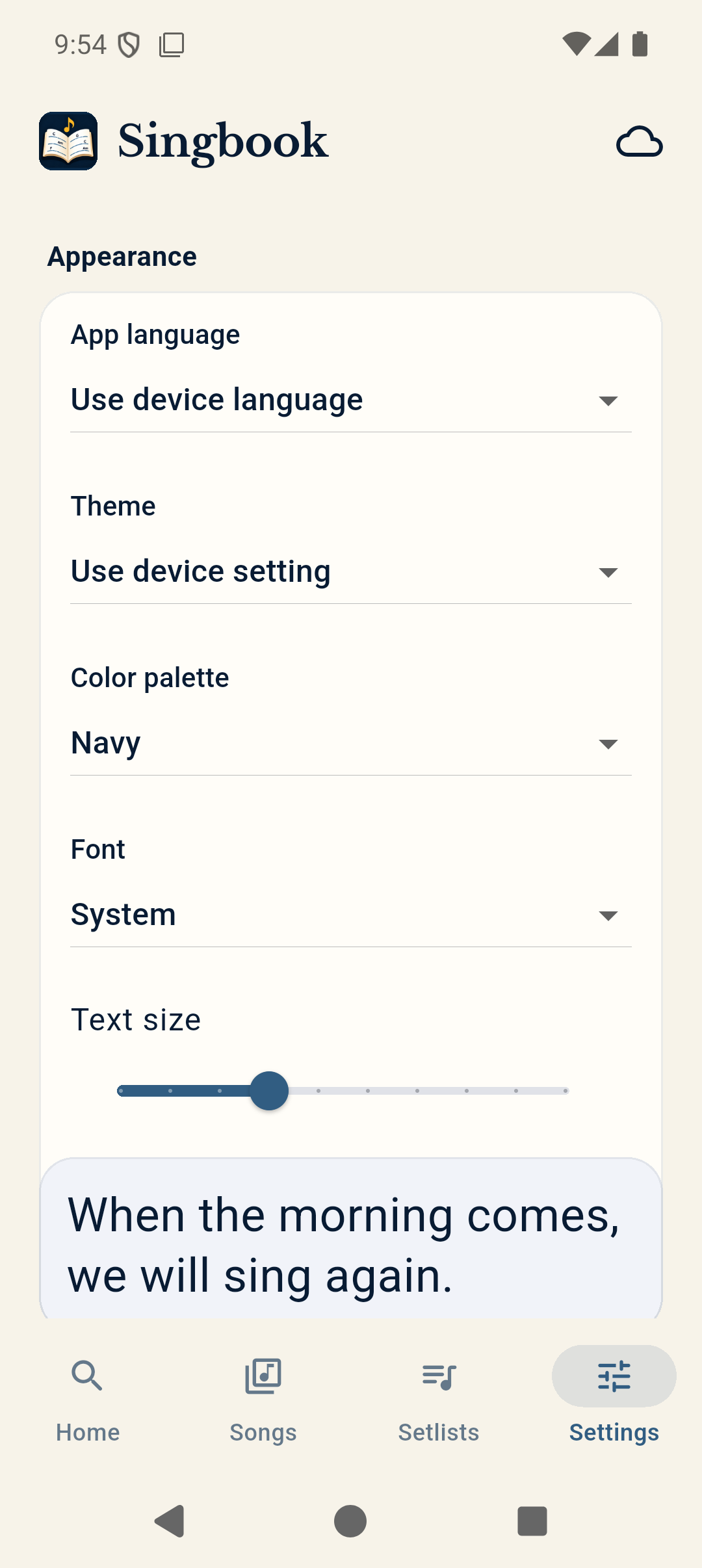 Singbook appearance settings including theme and text size