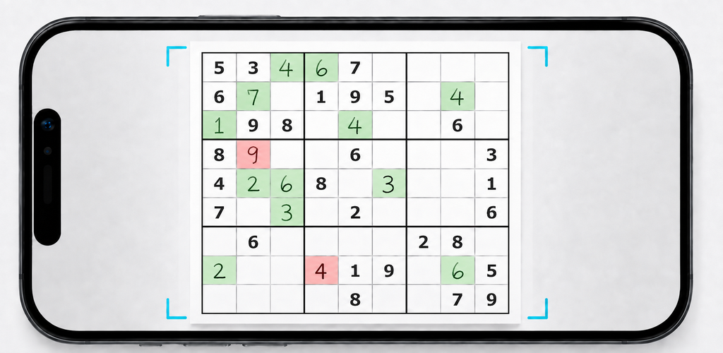 A phone camera framing a partly completed paper Sudoku, with correct handwritten entries highlighted green and mistakes highlighted red